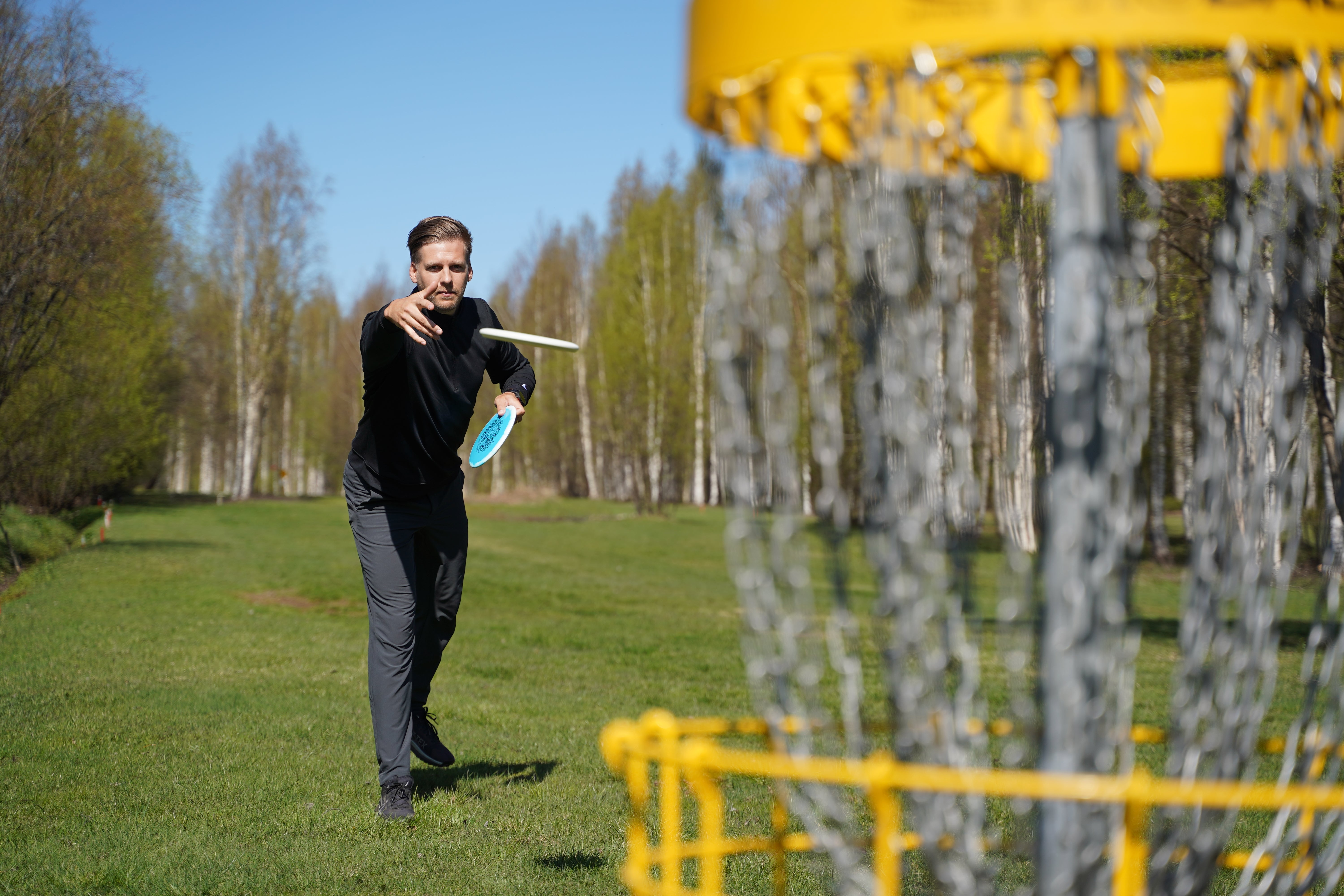 Disc golf course with basket and natural setting
